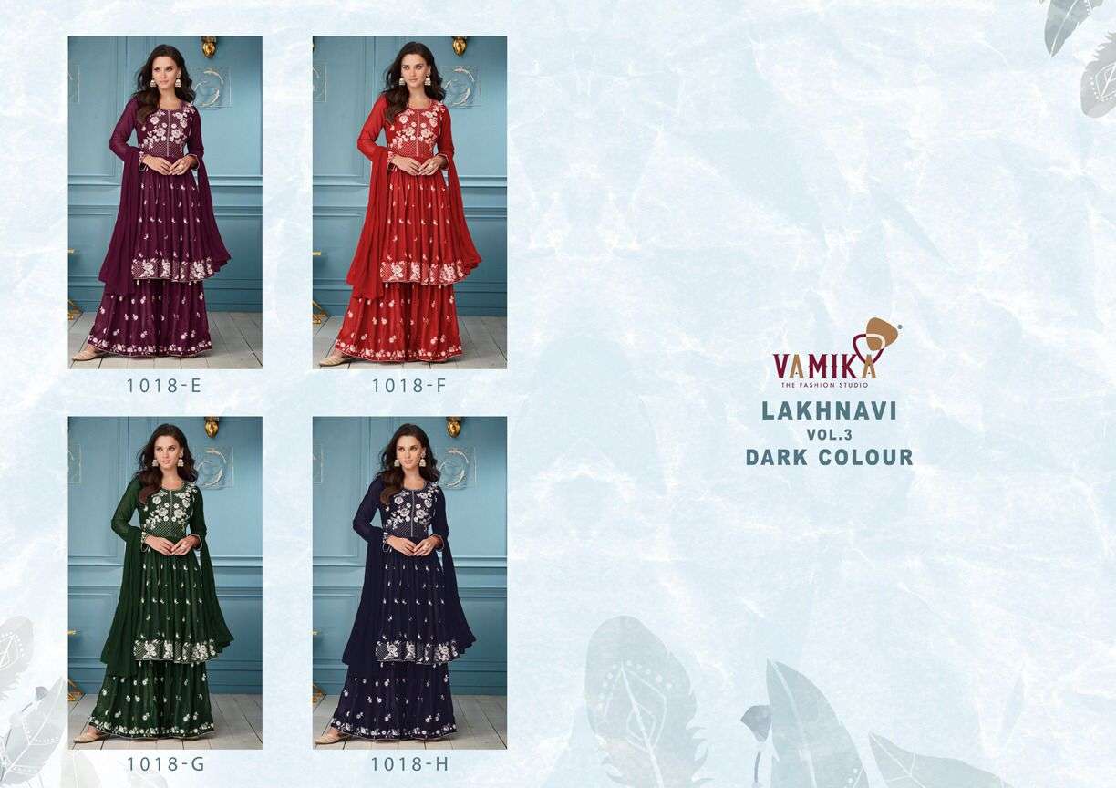 Vamika-Lakhnavi Vol 3 Dark Color-14 Kg-Rayon-White-Thread-Kurti-Rayon-Palazzo-Nazmin-Dupatta-Collage